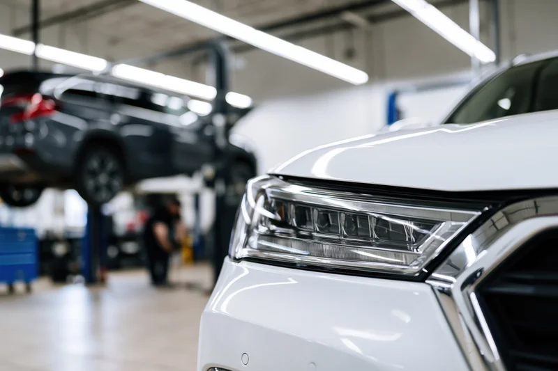 White suv front end in focus with mechanic working on elevated vehicle in background garage