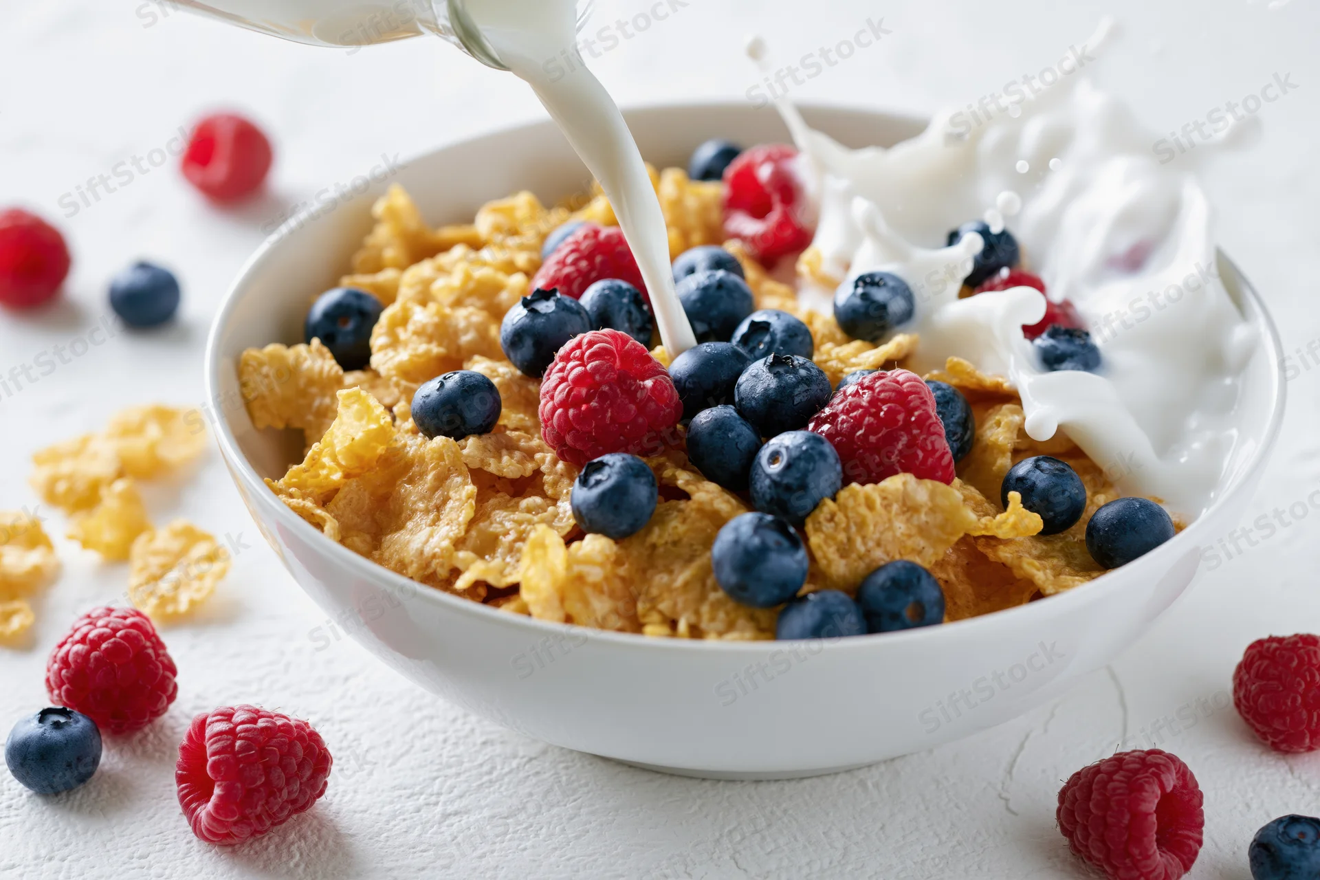 Milk being poured into a bowl of cornflakes with blueberries and raspberries on a white surface