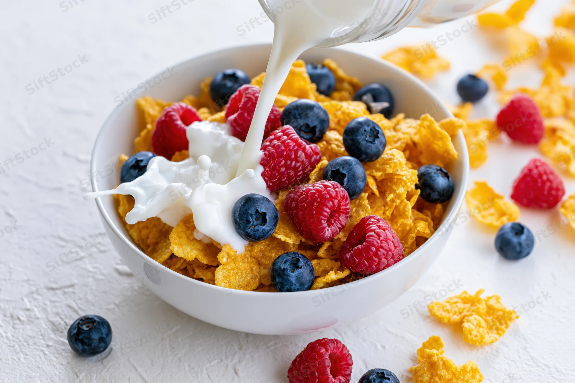 Milk being poured into a bowl of cornflakes with blueberries and raspberries on a white surface