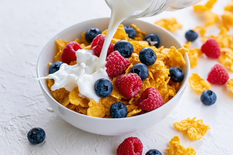 Milk being poured into a bowl of cornflakes with blueberries and raspberries on a white surface
