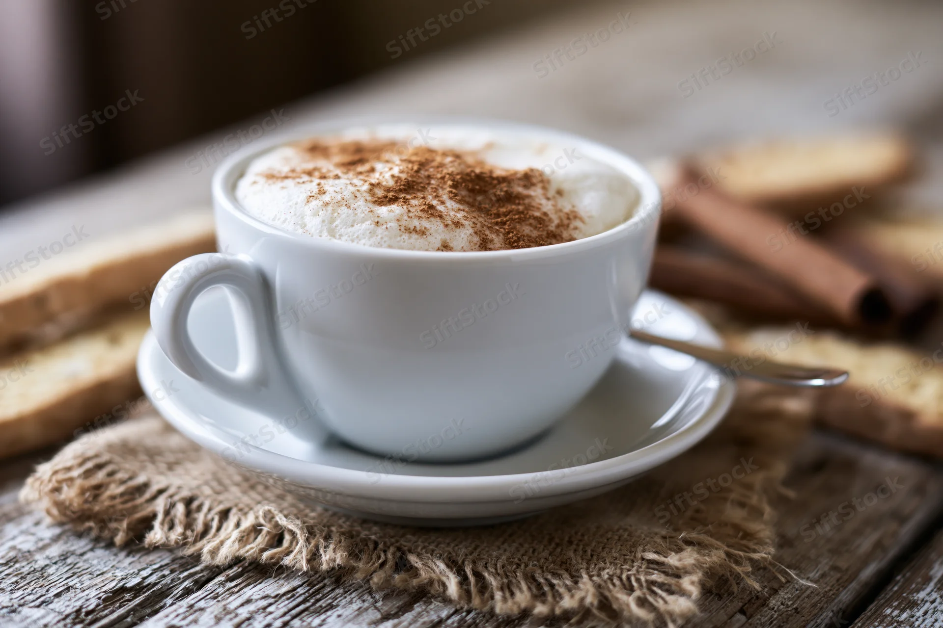 White ceramic cappuccino cup with thick milk foam and cinnamon dust on a wooden table with biscotti and cinnamon sticks