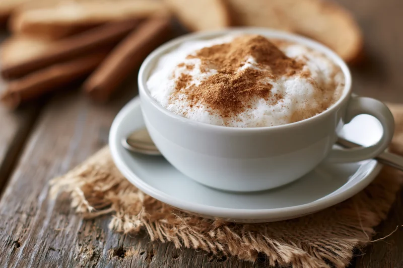 White ceramic cappuccino cup with thick milk foam and cinnamon dust on a wooden table with cinnamon sticks and burlap napkin