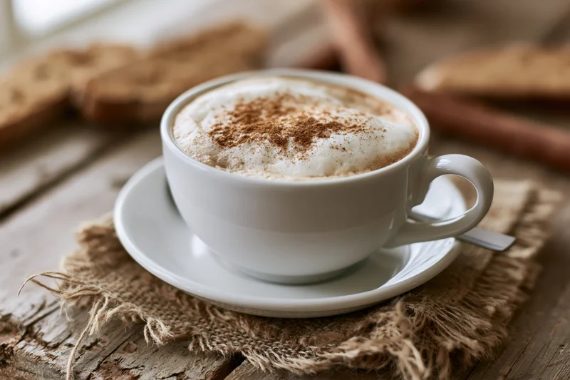 White ceramic cappuccino cup with milk foam and cinnamon dust on wooden table