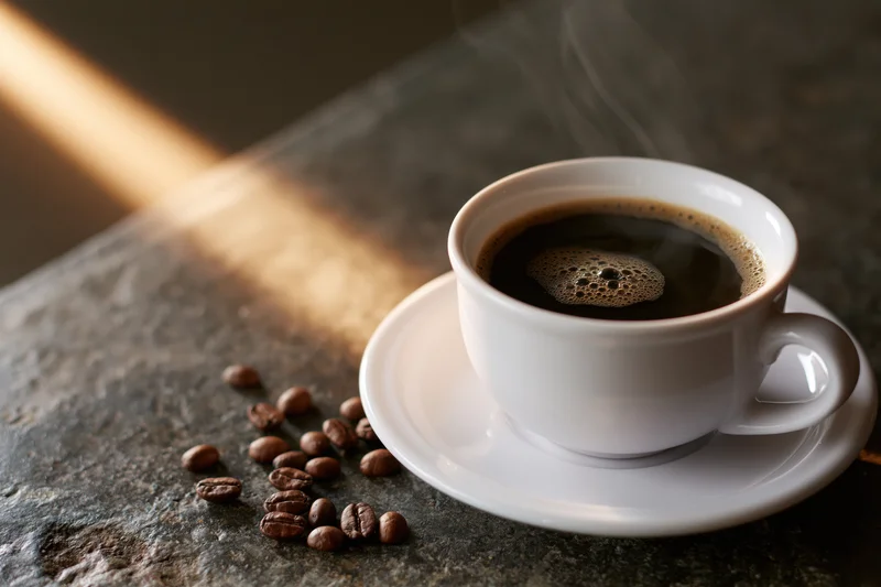 Steaming black coffee in a white ceramic cup on a saucer with scattered coffee beans on a stone surface in natural light