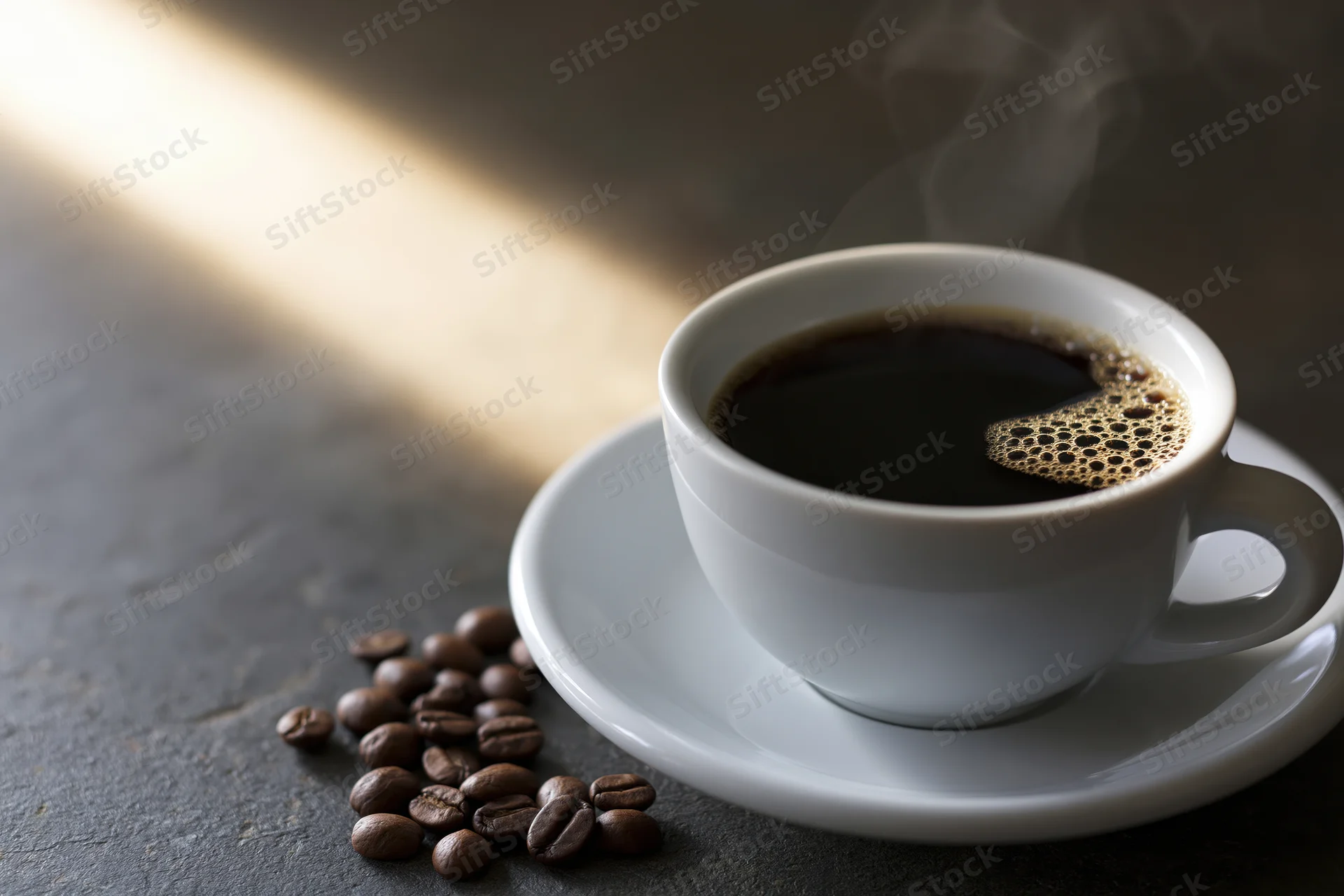 Steaming black coffee in a white ceramic cup on a saucer with scattered coffee beans on a dark surface near a sunlit edge