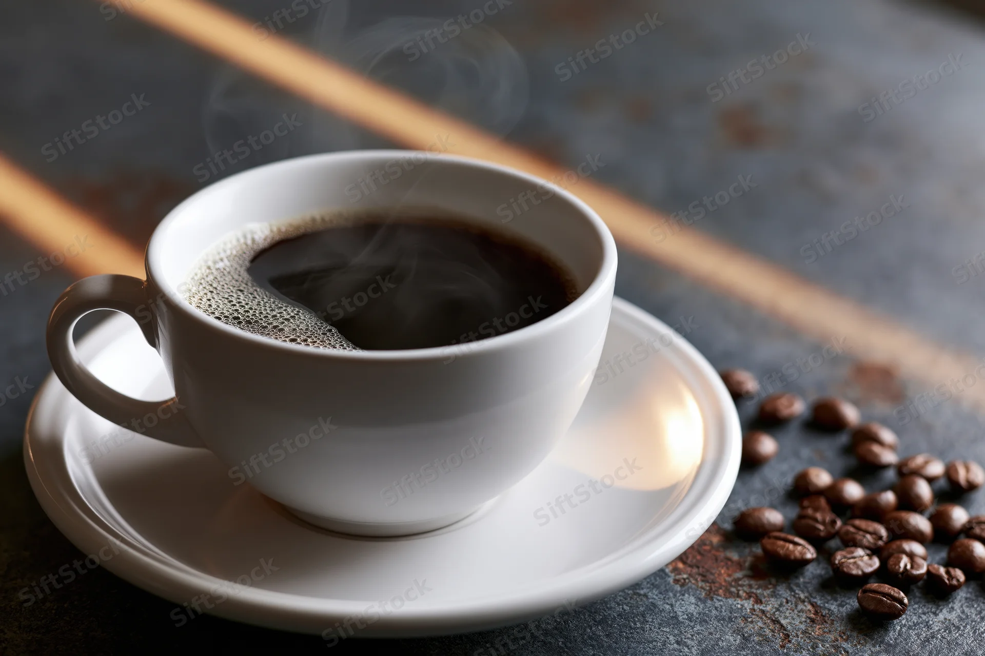 Steaming black coffee in a white ceramic cup on a saucer with scattered coffee beans on a dark textured surface