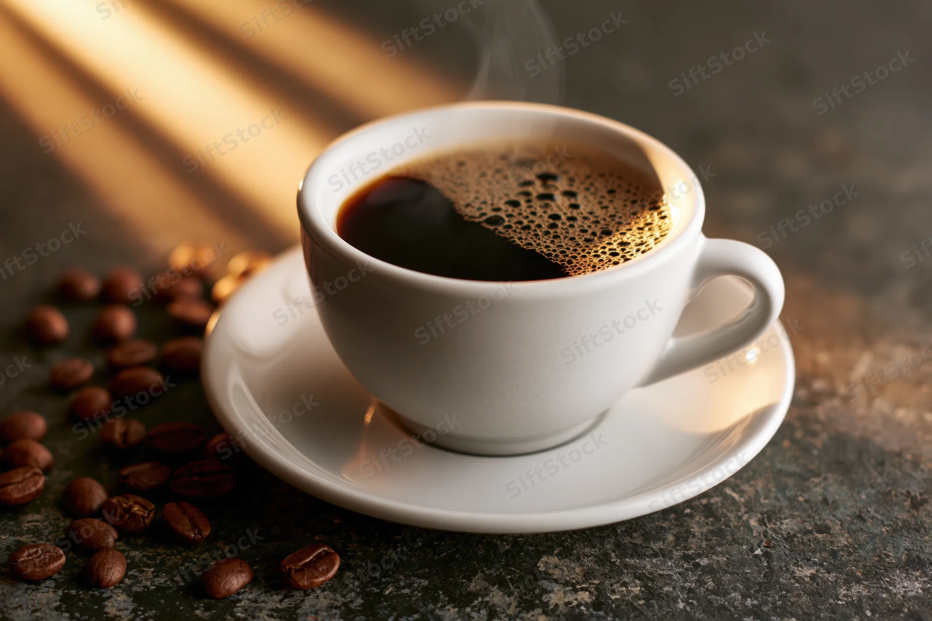 Steaming black coffee in a white ceramic cup on a saucer with roasted beans scattered nearby on a dark textured surface under warm sunlight