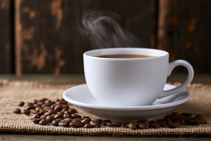 Steaming white ceramic coffee cup on saucer with scattered beans on burlap over wooden table
