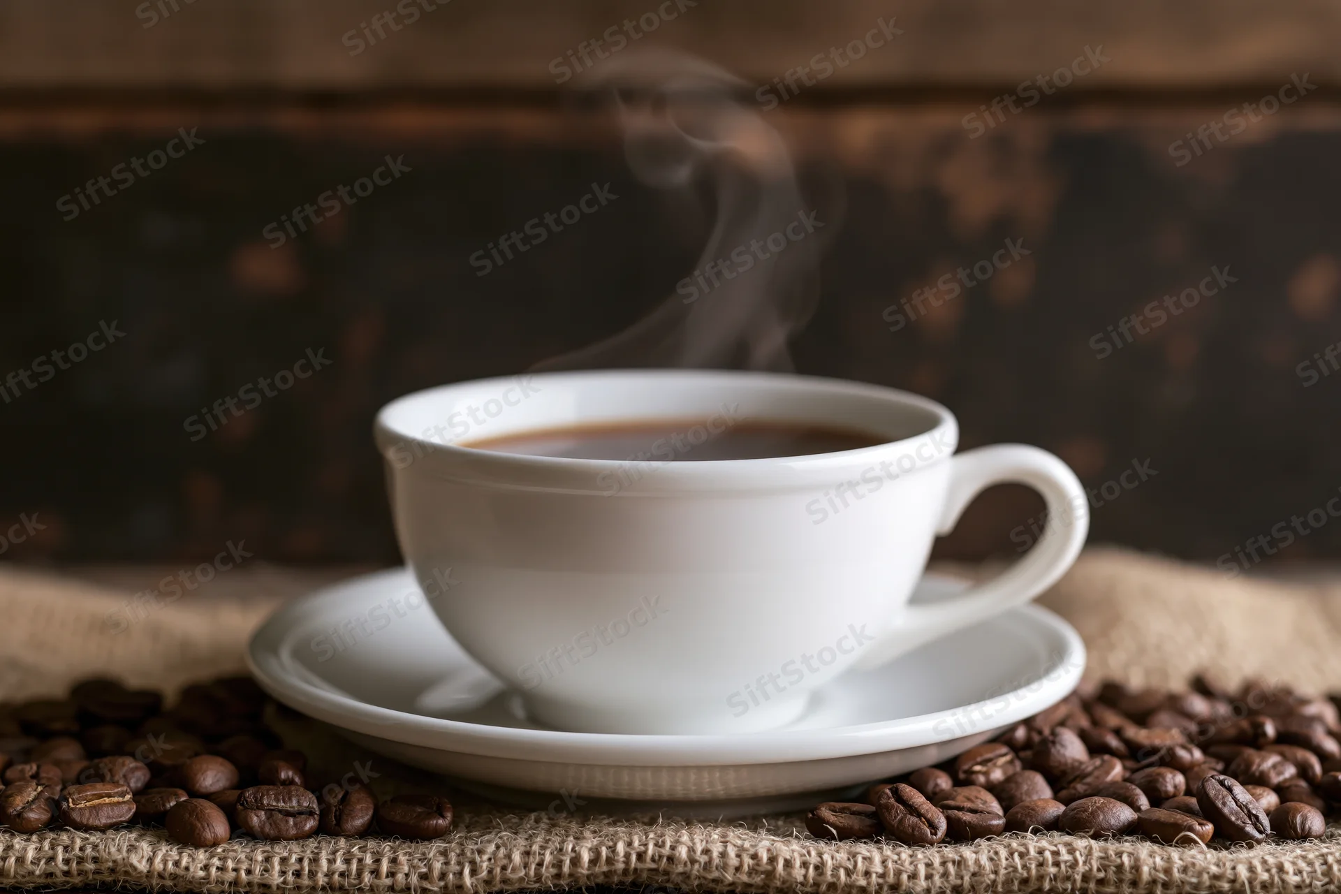 Steaming white ceramic coffee cup on saucer surrounded by roasted beans on burlap cloth