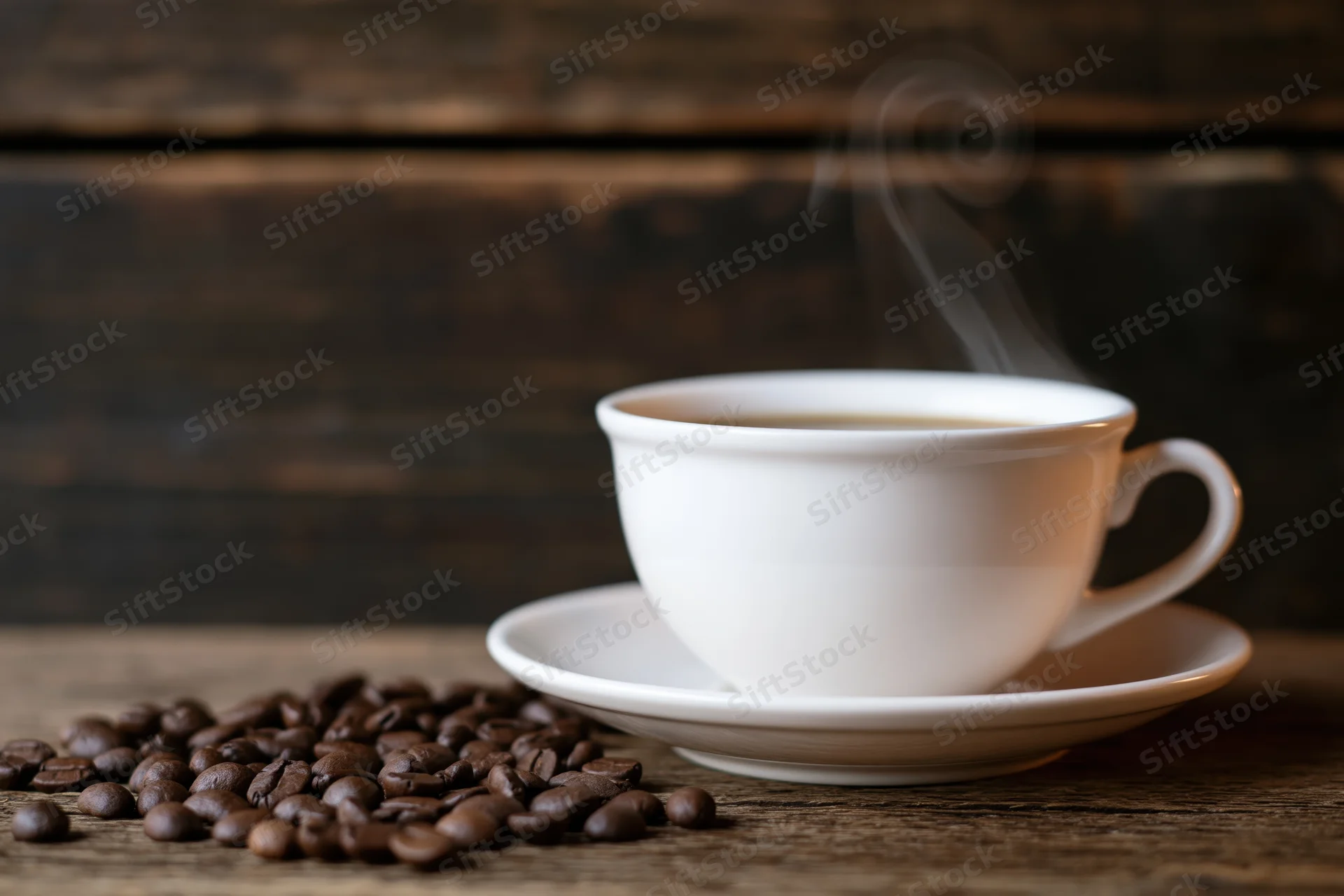 White ceramic coffee cup with steam on wooden table beside scattered coffee beans