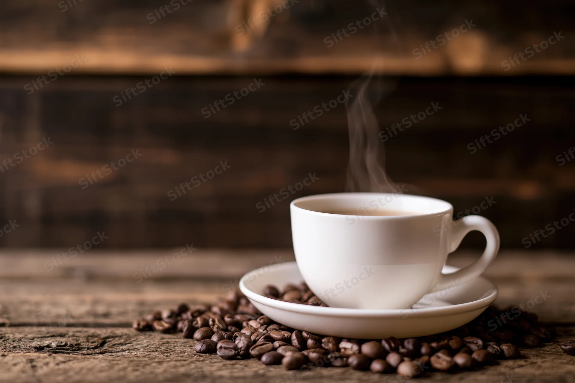 Steaming white ceramic coffee cup on saucer surrounded by roasted beans on rustic wooden table
