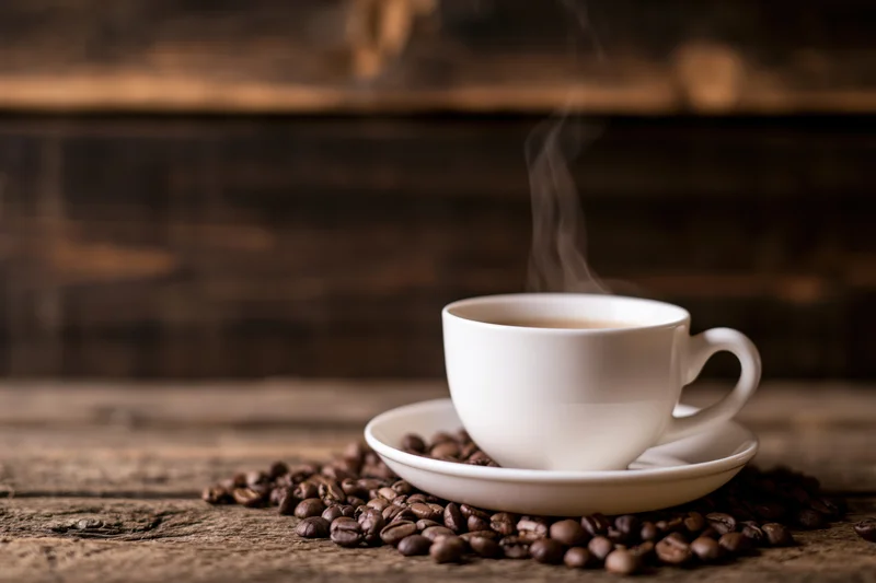 Steaming white ceramic coffee cup on saucer surrounded by roasted beans on rustic wooden table