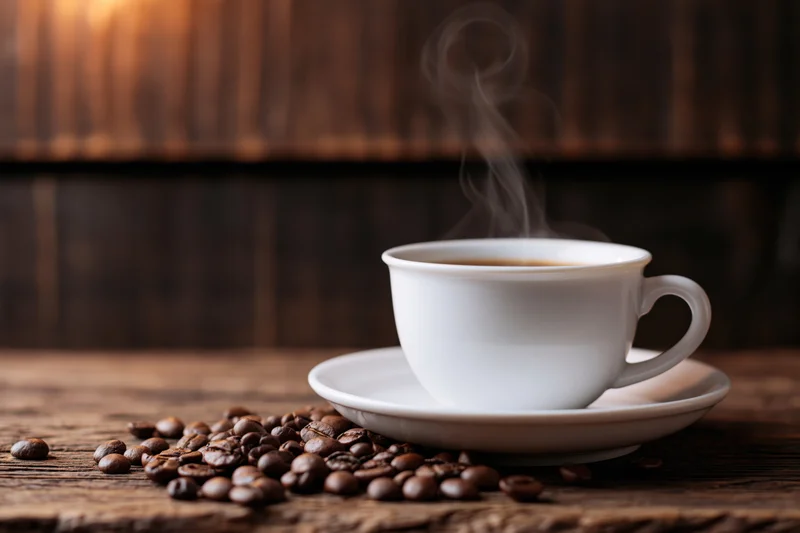 Steaming white ceramic coffee cup on saucer with scattered beans on wooden table