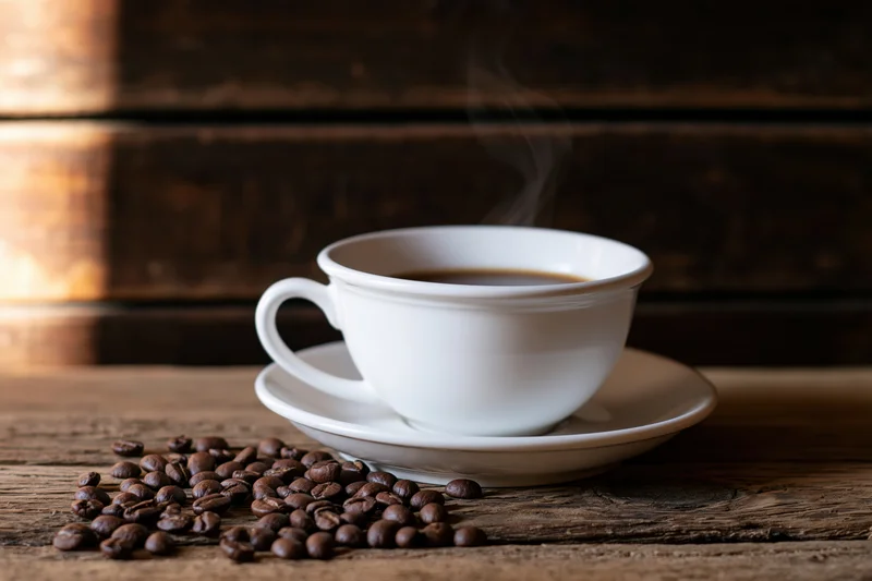 White ceramic coffee cup with steam on saucer beside roasted beans on wooden table