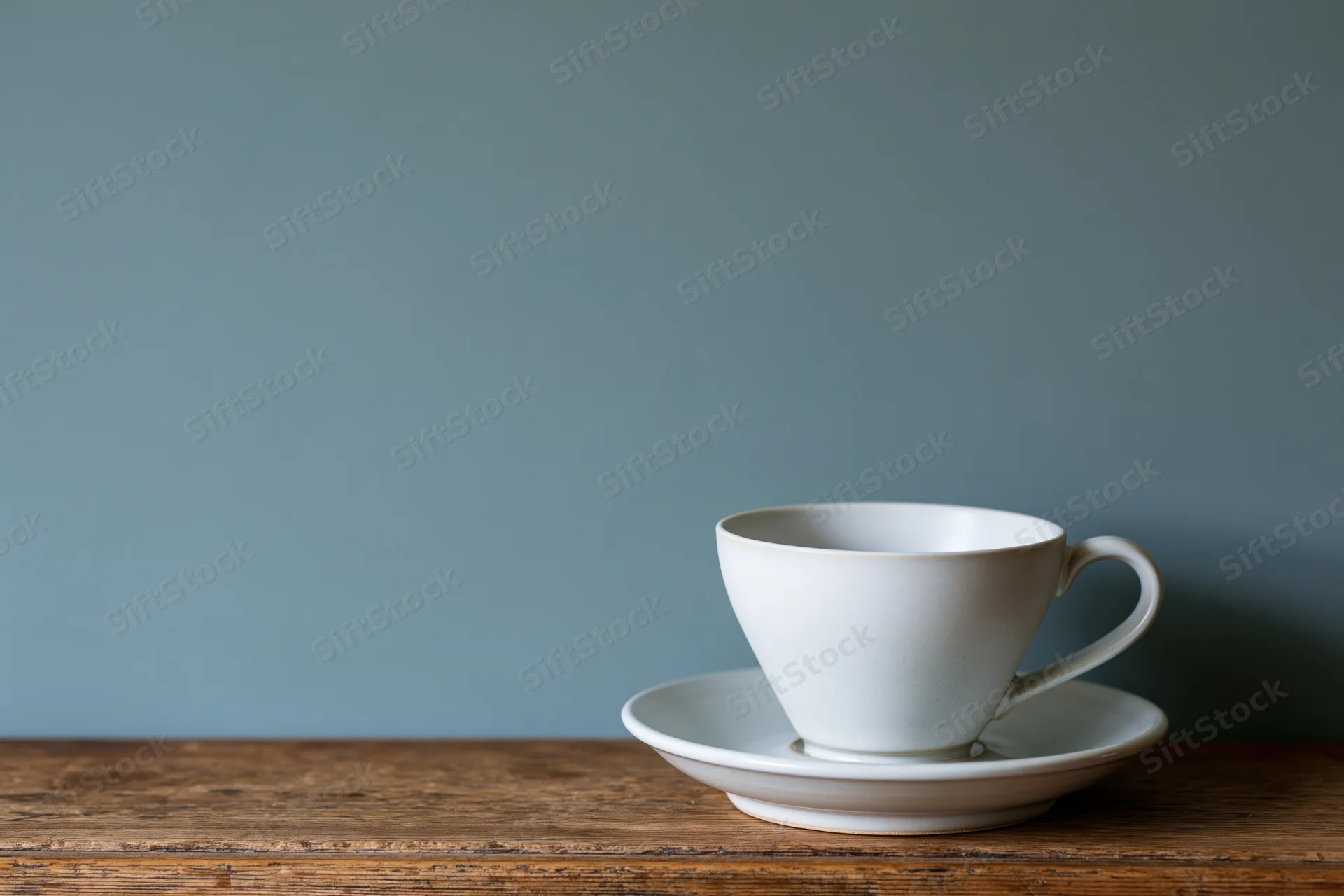 White ceramic coffee cup on matching saucer resting on wooden table