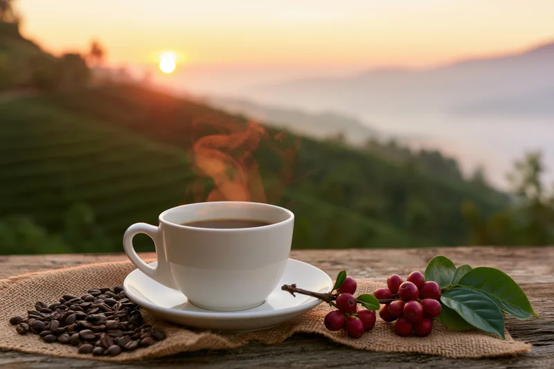 Steaming coffee cup with beans and cherries on wooden table overlooking sunrise over coffee plantation