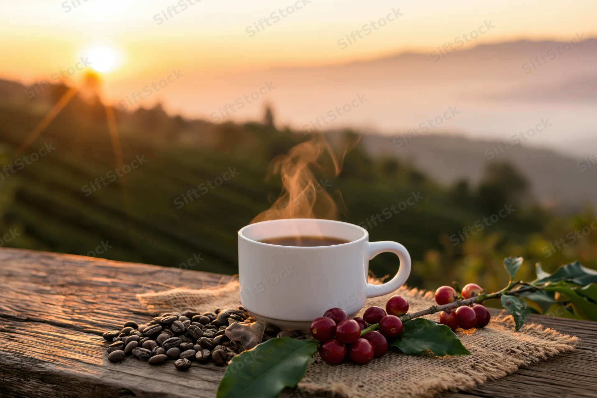 Steaming white ceramic coffee cup with coffee beans and cherries on burlap atop wooden table at sunrise overlooking coffee plantation hills