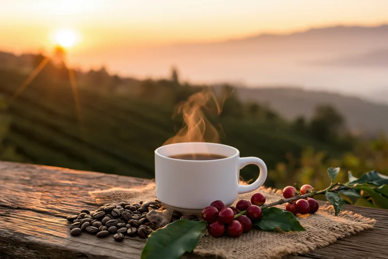 Steaming white ceramic coffee cup with coffee beans and cherries on burlap atop wooden table at sunrise overlooking coffee plantation hills