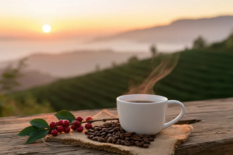 Steaming white ceramic coffee cup on wooden table with coffee beans and cherries, overlooking sunrise over coffee plantation hills