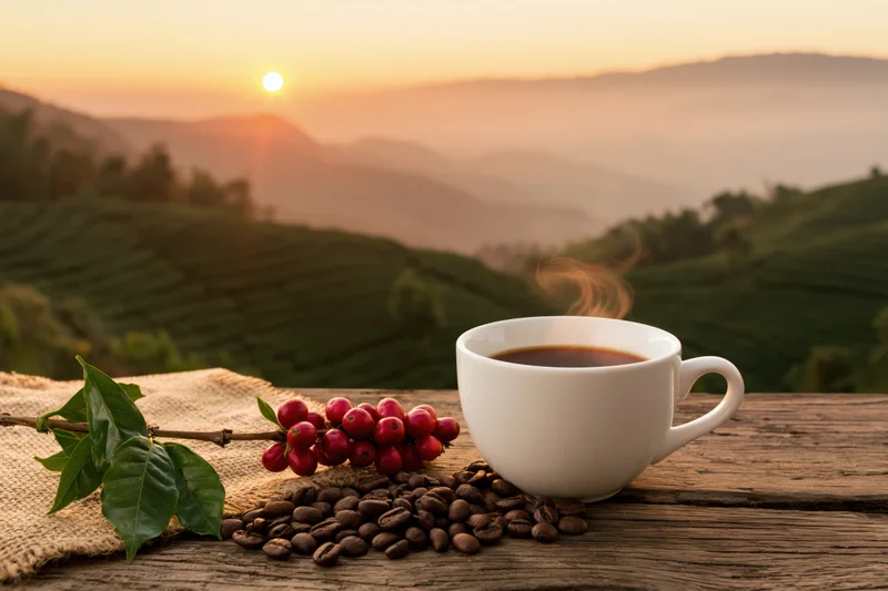 Steaming coffee cup with beans and cherries on wooden table overlooking terraced hills at sunrise