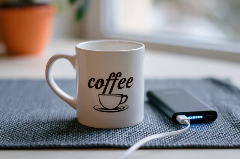 White ceramic coffee mug with printed coffee text and cup graphic on gray woven mat beside charging powerbank