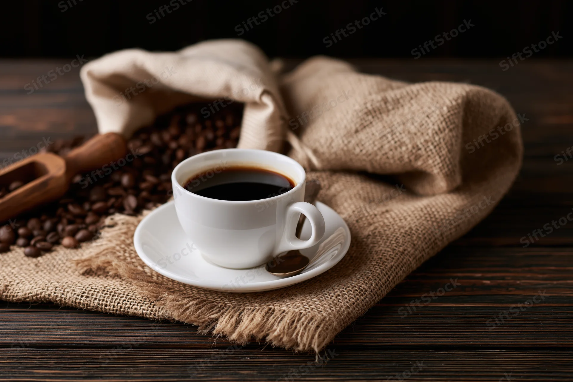 White ceramic coffee cup on saucer with coffee beans spilling from burlap sack on dark wooden table