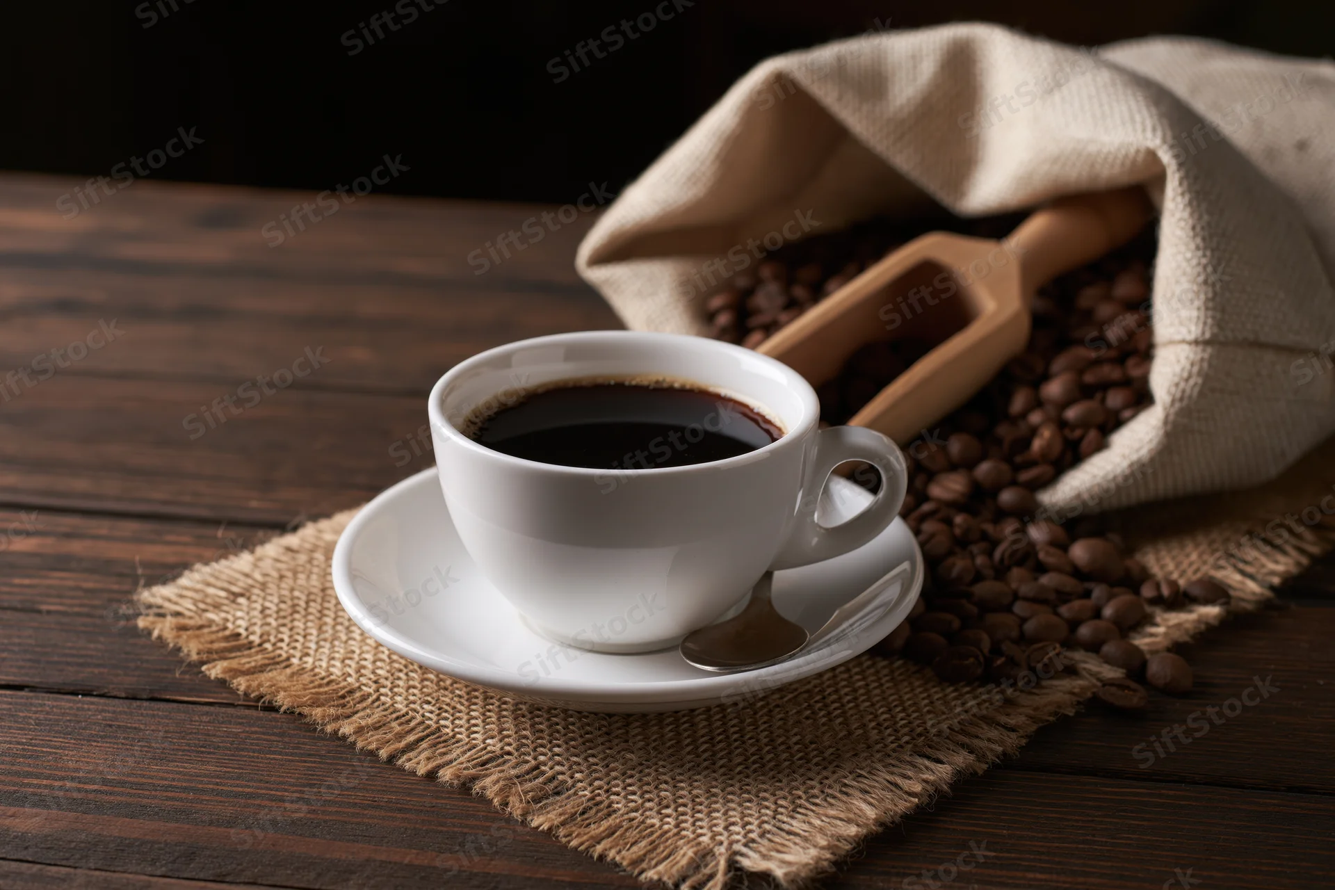 White ceramic coffee cup on saucer with coffee beans and wooden scoop on burlap over dark wood table