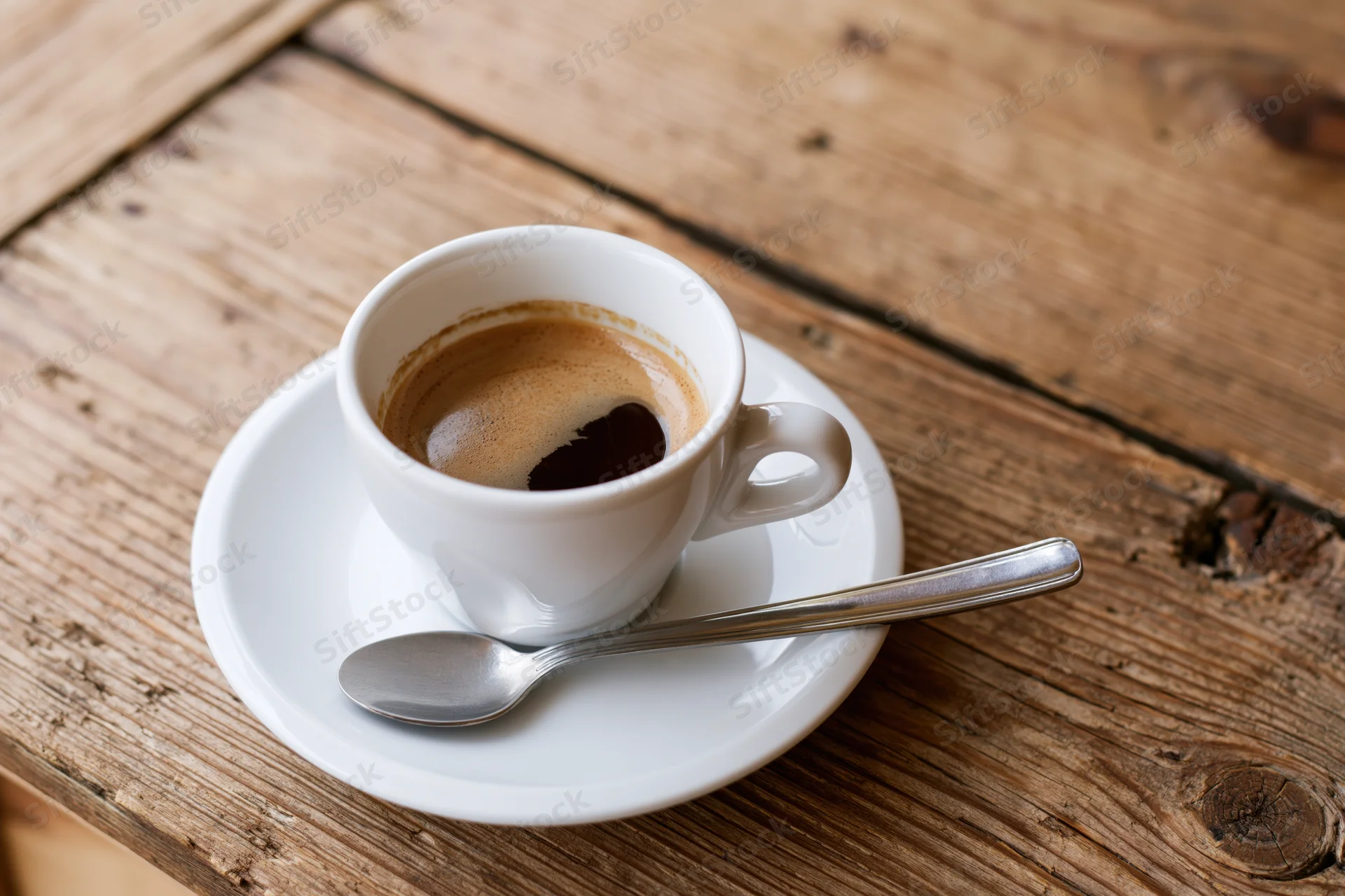 White ceramic espresso cup with foam and spoon on rustic wooden table