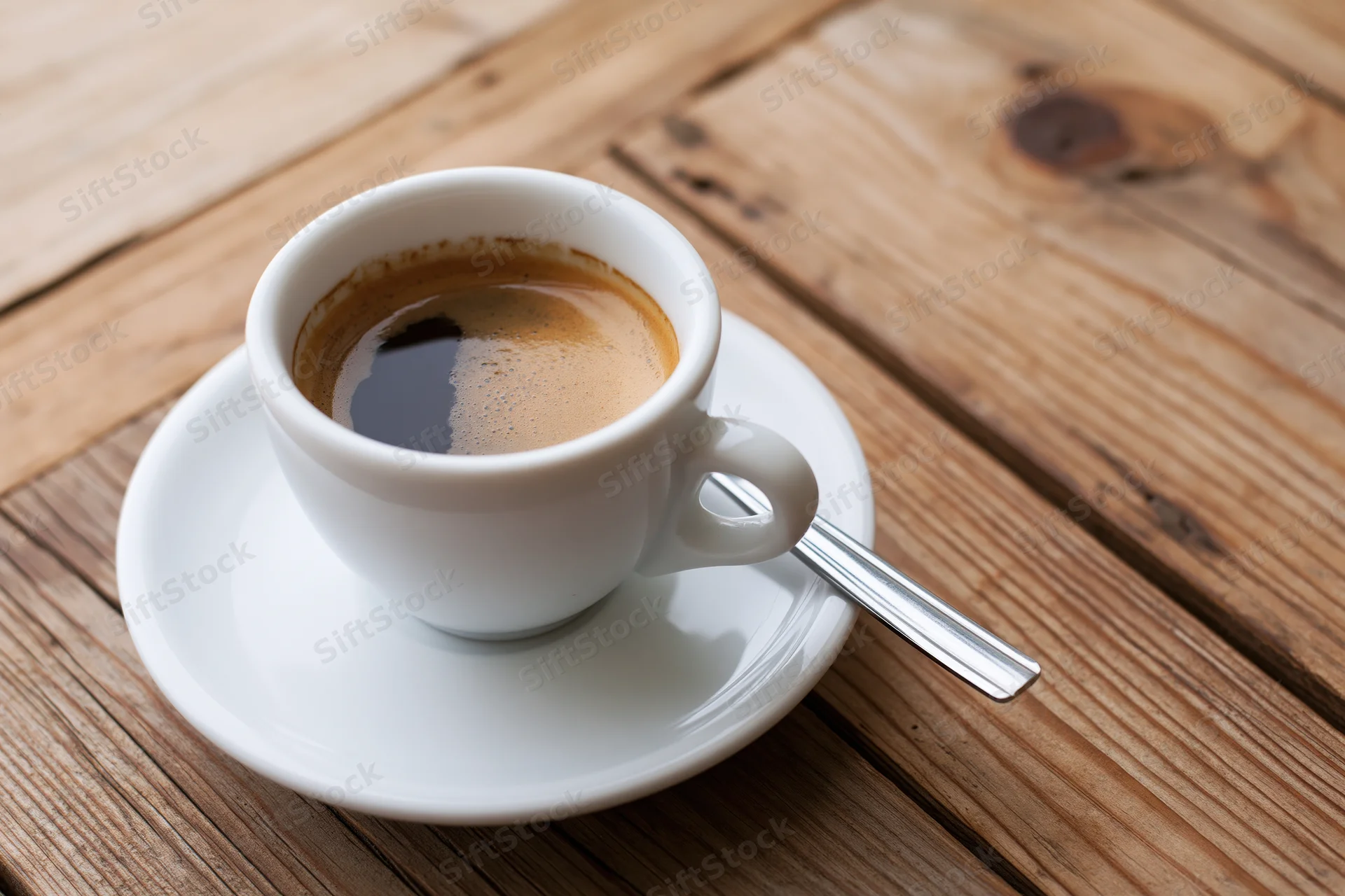 White ceramic espresso cup with foam on wooden table, spoon beside it