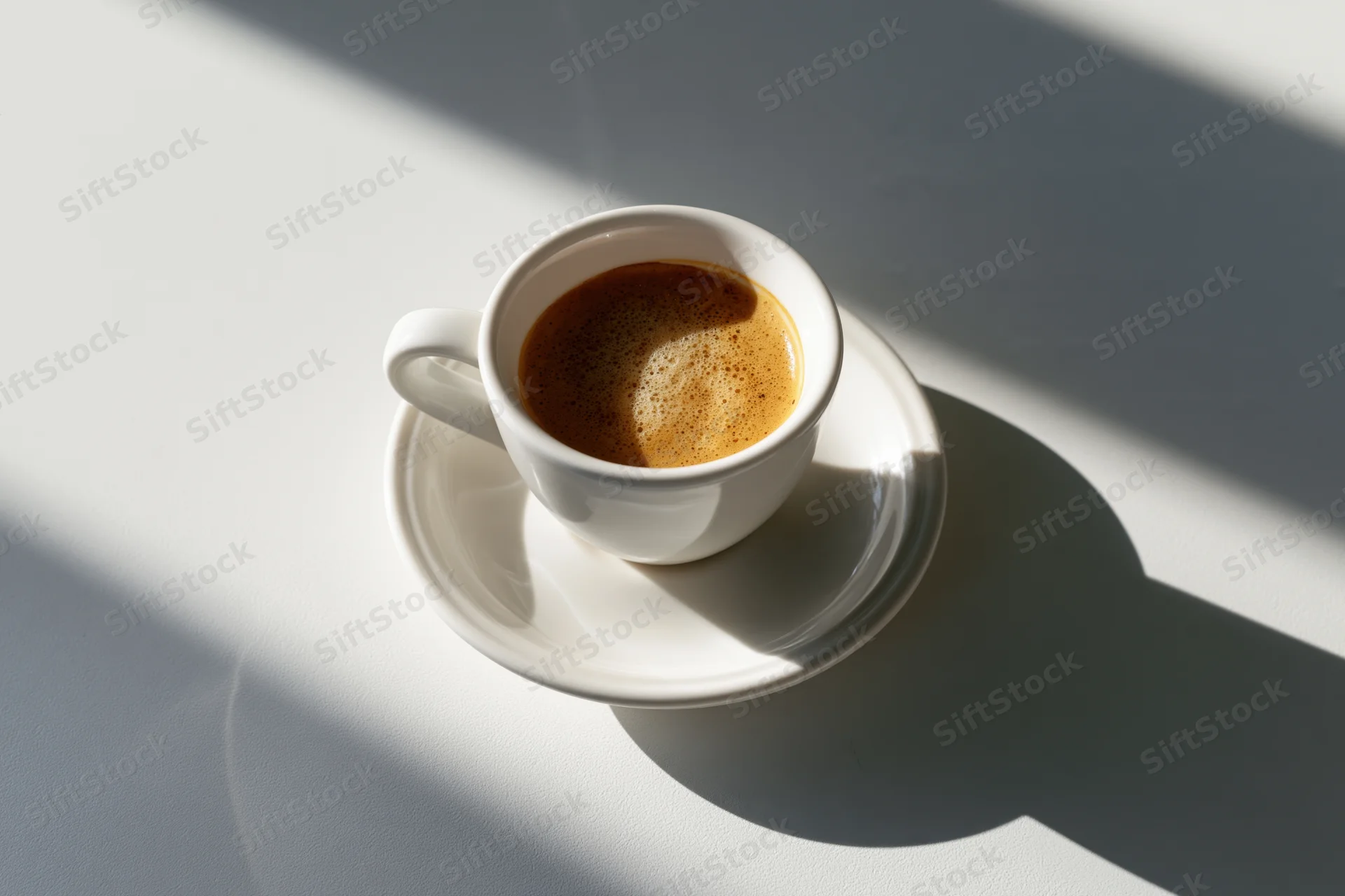 White ceramic espresso cup with foamy crema on matching saucer on sunlit table