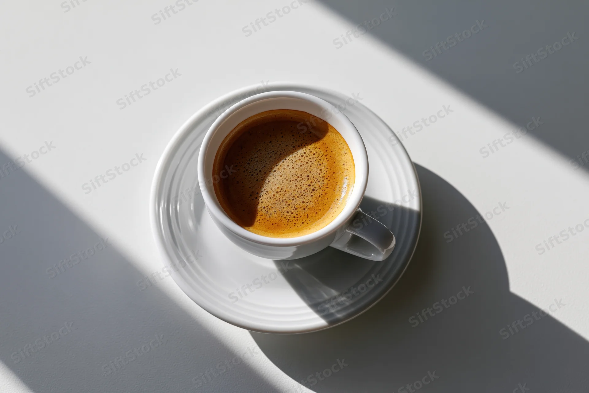 White ceramic espresso cup with foamy crema on matching saucer on a sunlit table