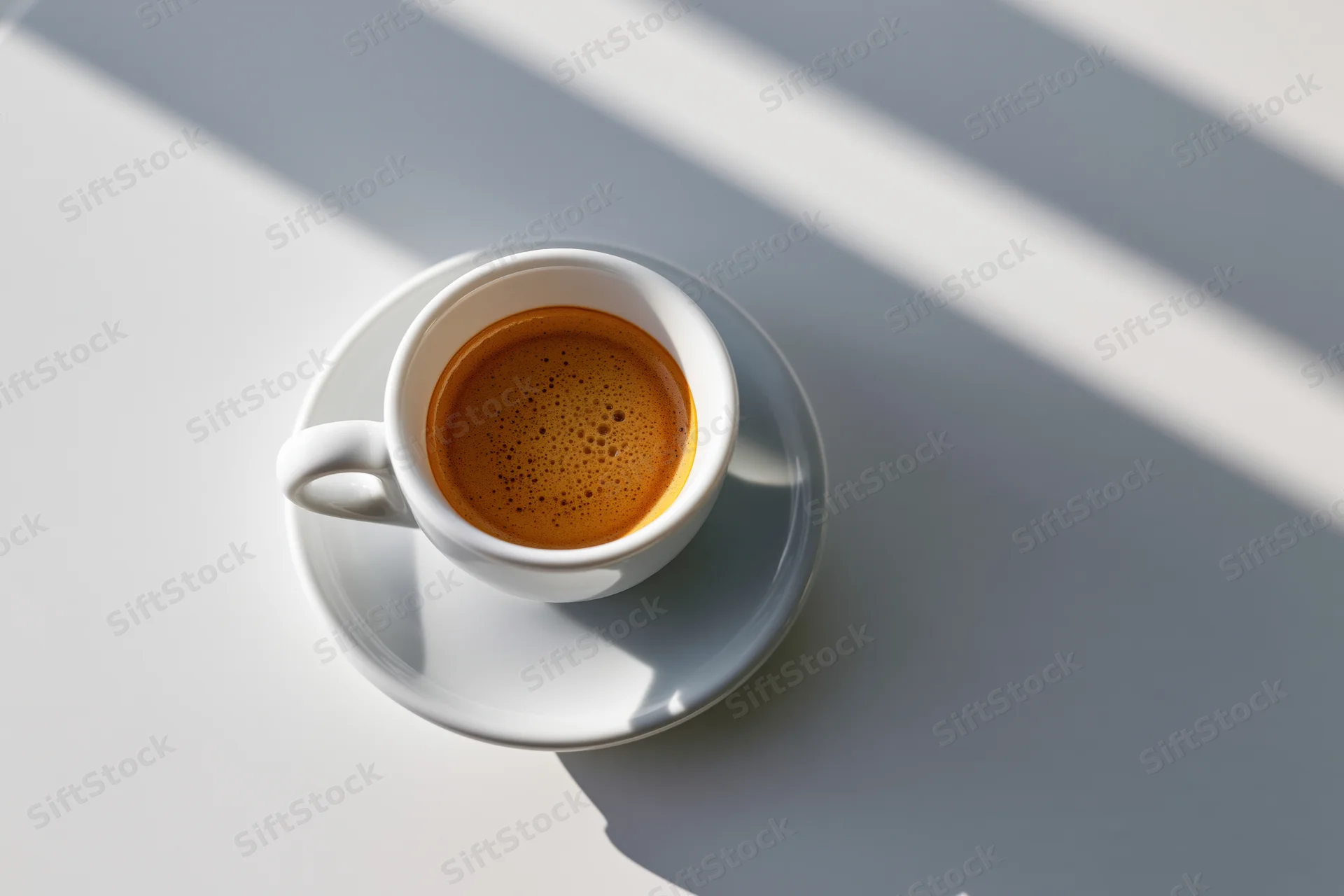 White ceramic espresso cup with crema on saucer on a sunlit table with striped shadows
