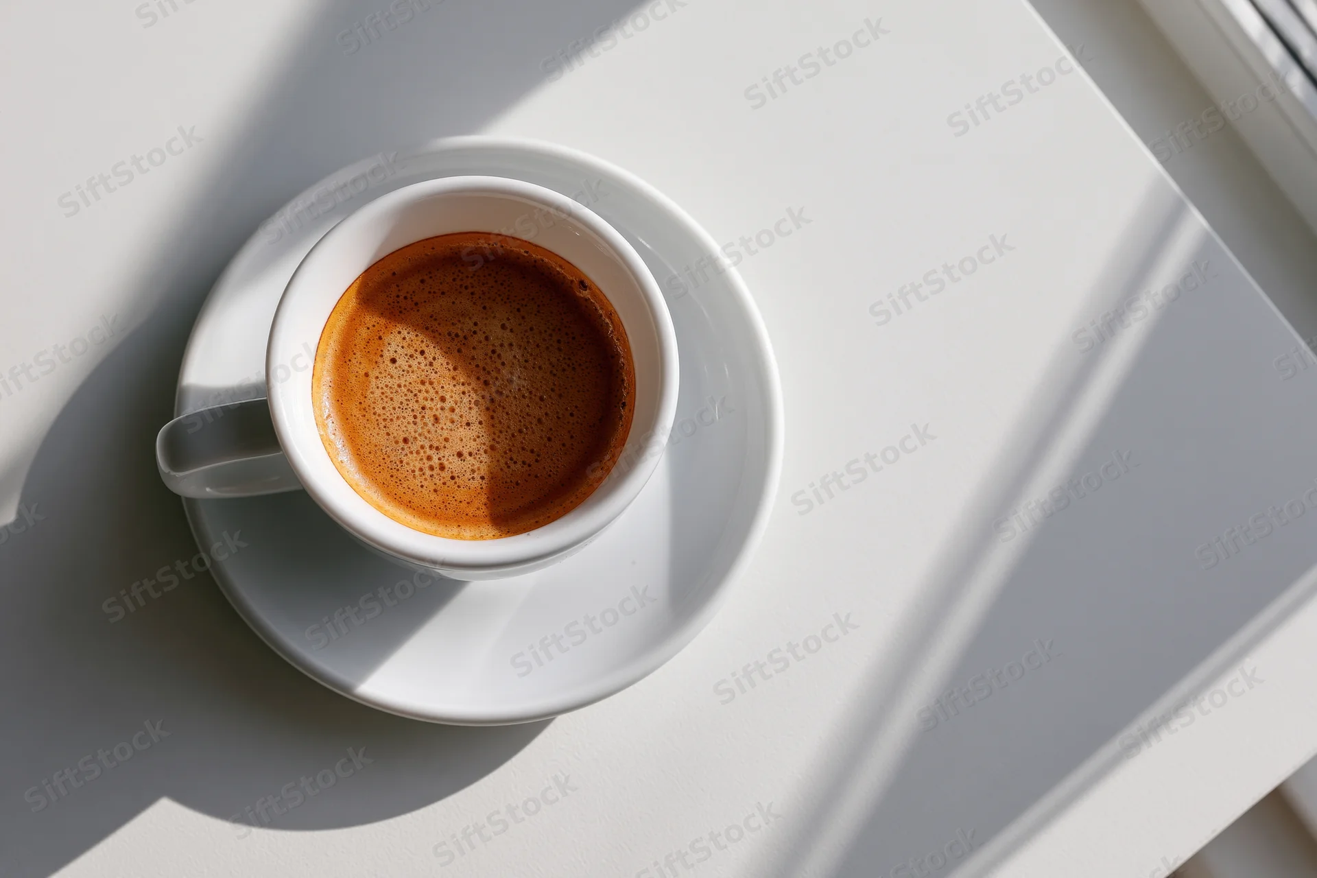 White ceramic espresso cup with foamy crema on saucer on sunlit table
