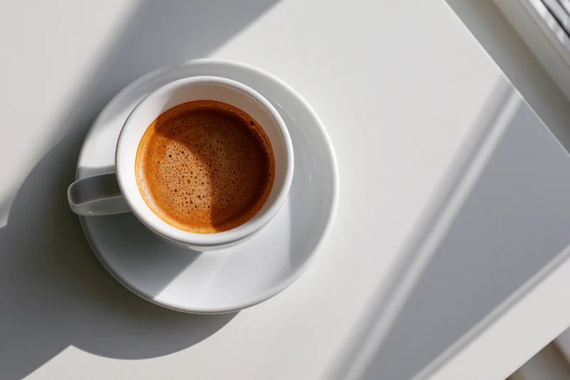 White ceramic espresso cup with foamy crema on saucer on sunlit table