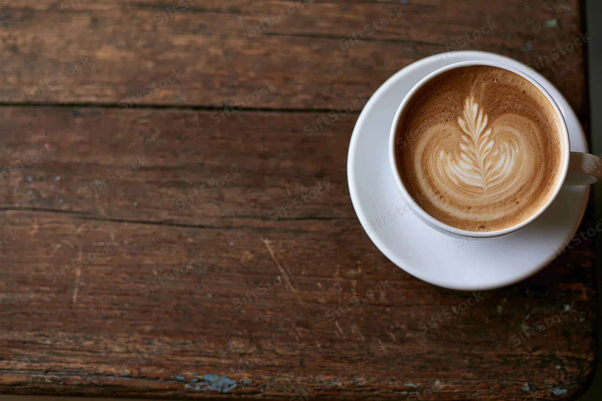 White ceramic cup of latte with leaf latte art on rustic wooden table