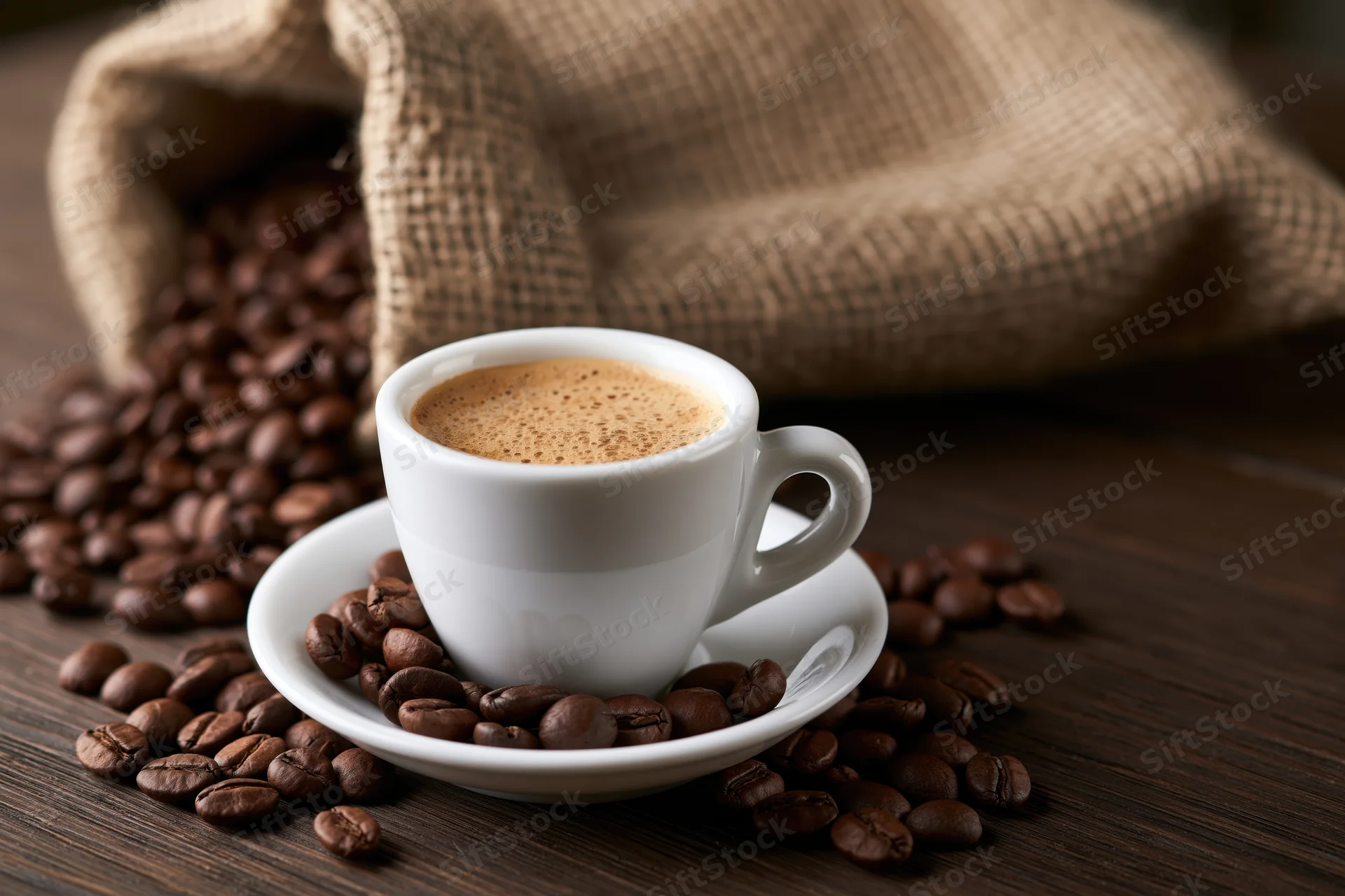 White ceramic espresso cup with crema on saucer surrounded by roasted coffee beans on dark wooden table