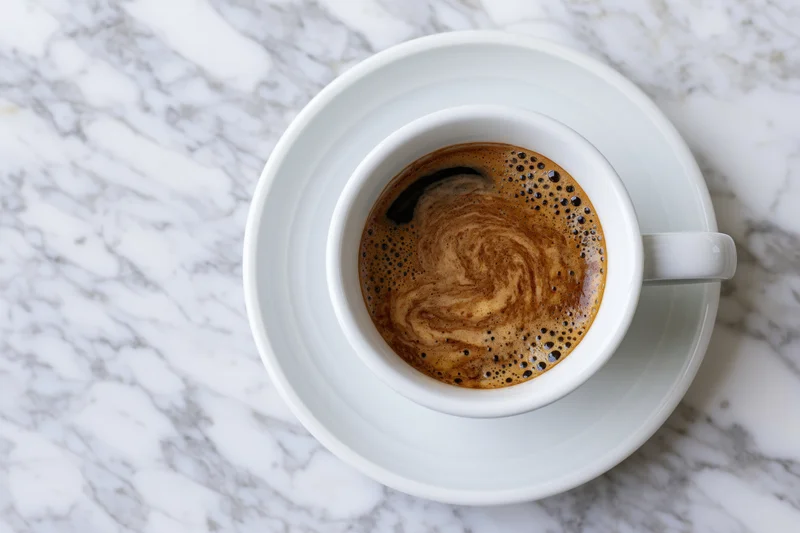 White ceramic espresso cup filled with foamy coffee on a marble tabletop viewed from above