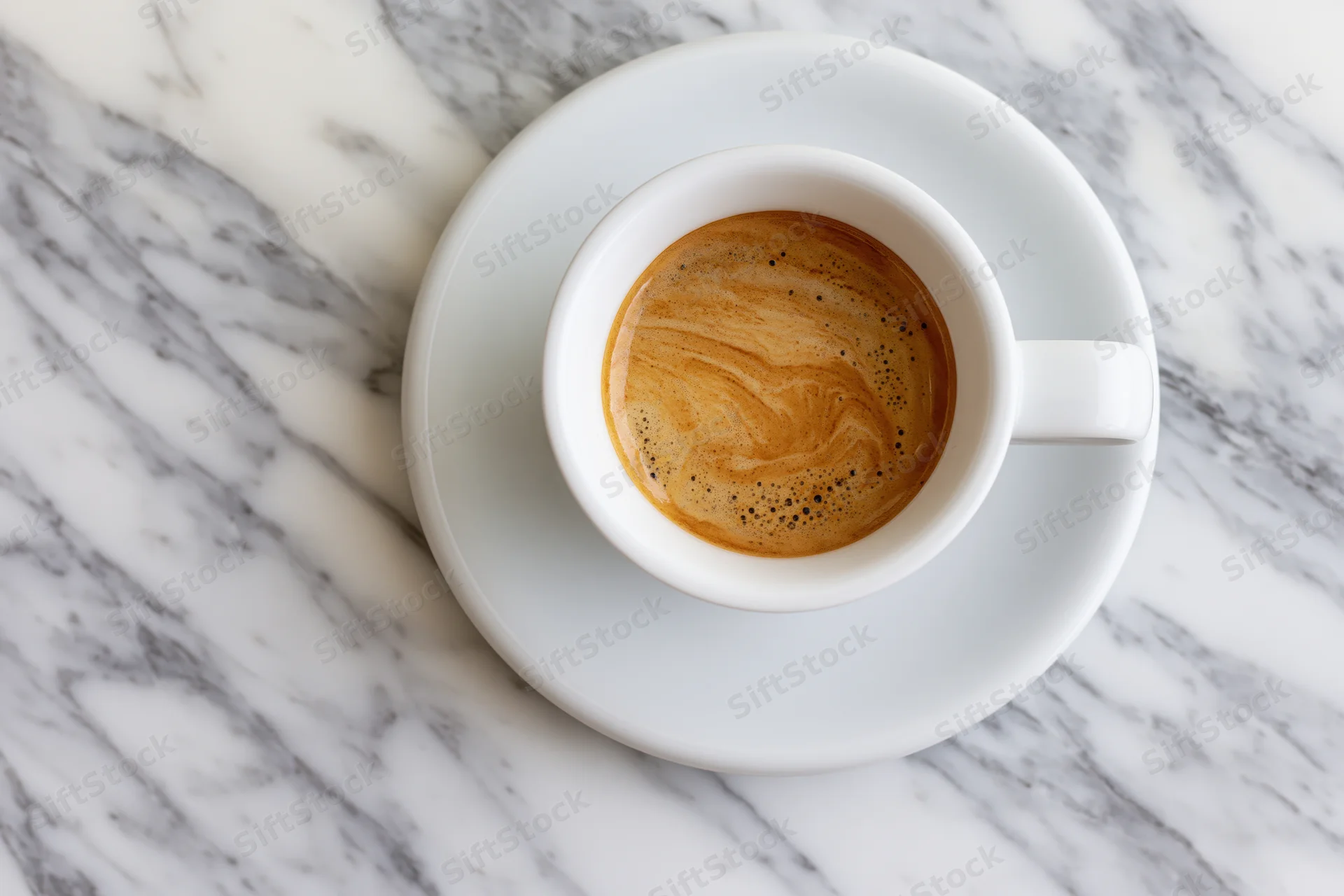 White ceramic espresso cup with crema on marble countertop