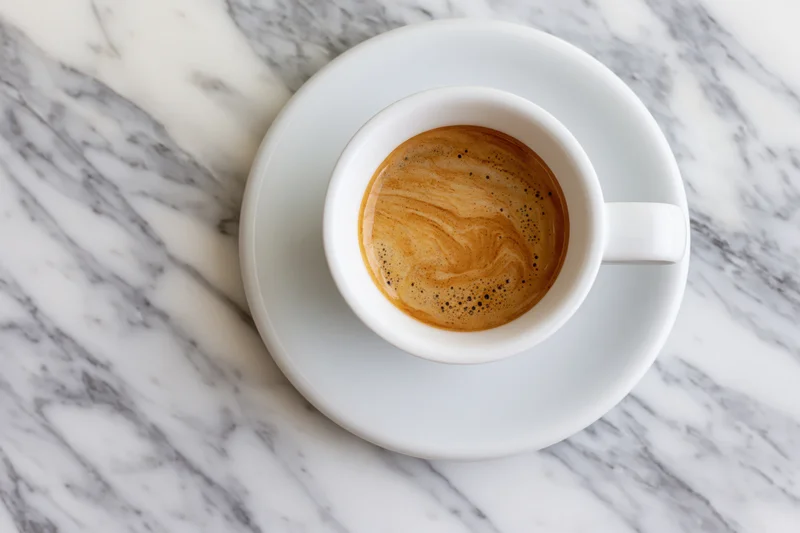 White ceramic espresso cup with crema on marble countertop