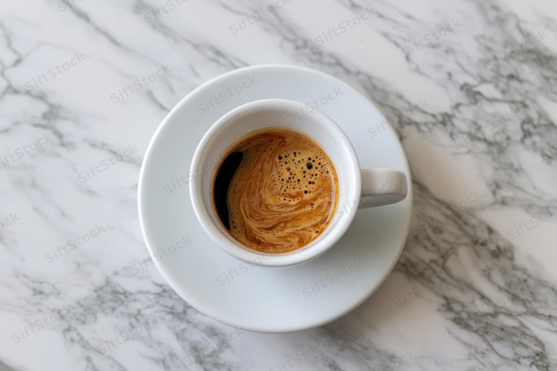 White ceramic espresso cup with crema on marble tabletop viewed from above