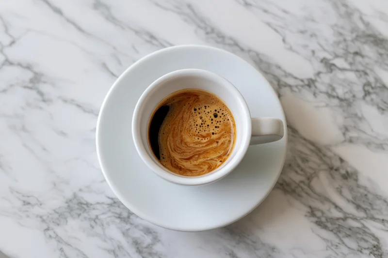 White ceramic espresso cup with crema on marble tabletop viewed from above