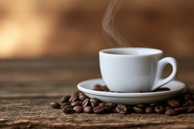 White ceramic espresso cup with steam on saucer surrounded by coffee beans on wooden table