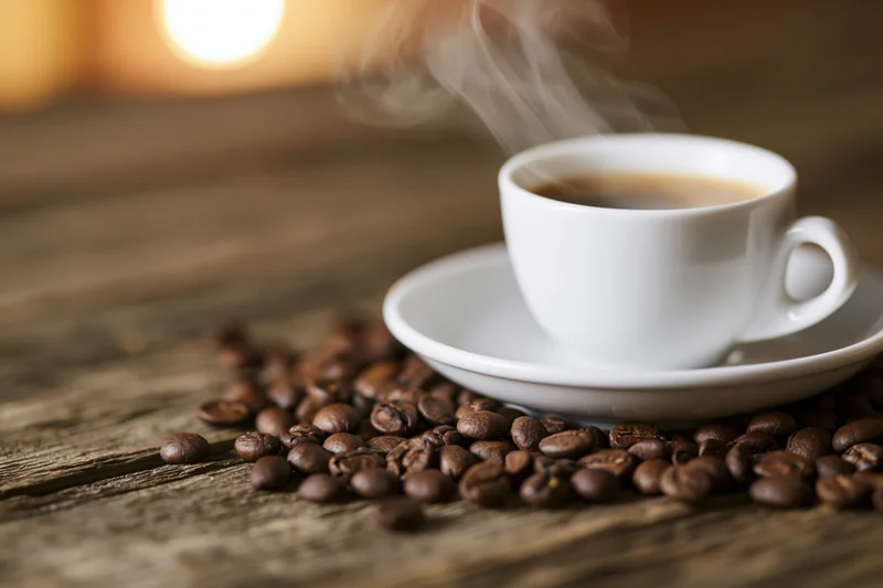 Steaming white ceramic coffee cup on saucer surrounded by roasted beans on wooden table