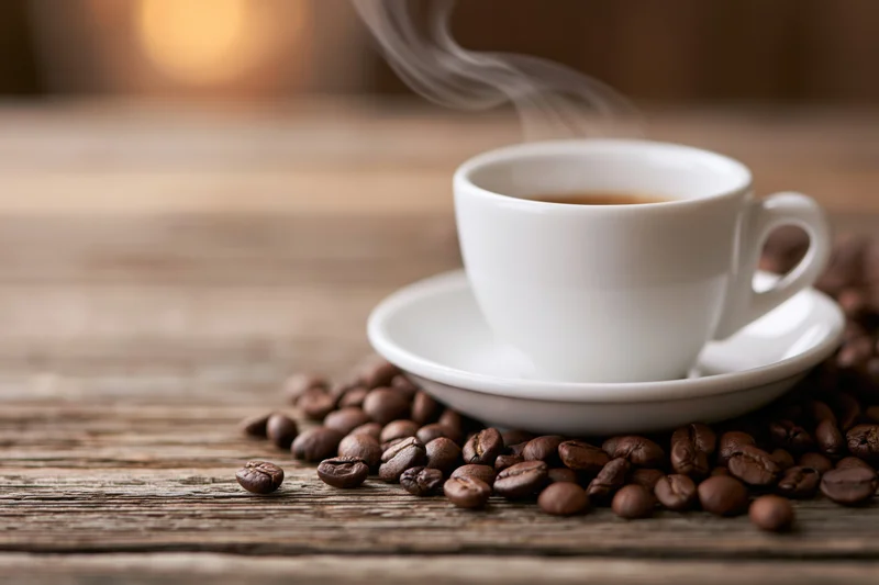 Steaming white ceramic espresso cup on saucer surrounded by coffee beans on wooden table