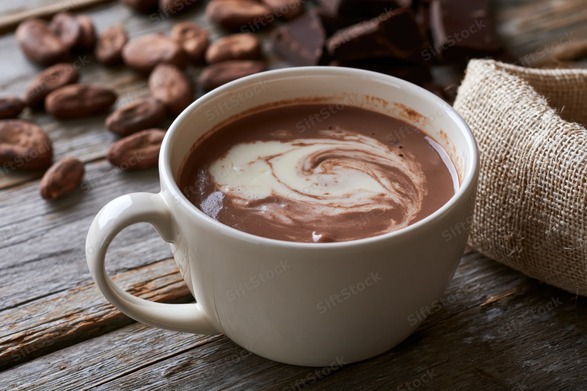 White ceramic mug filled with hot chocolate featuring cream swirl on wooden table with cocoa beans and burlap sack