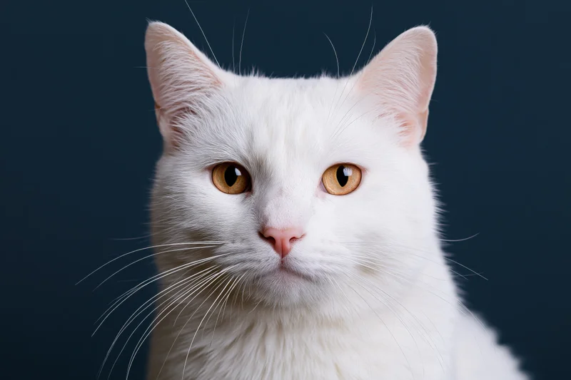 White domestic cat staring directly at camera in studio portrait