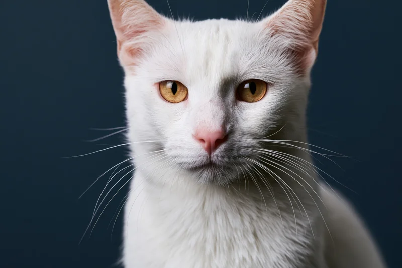 White domestic cat staring directly at camera in close-up portrait against dark blue background