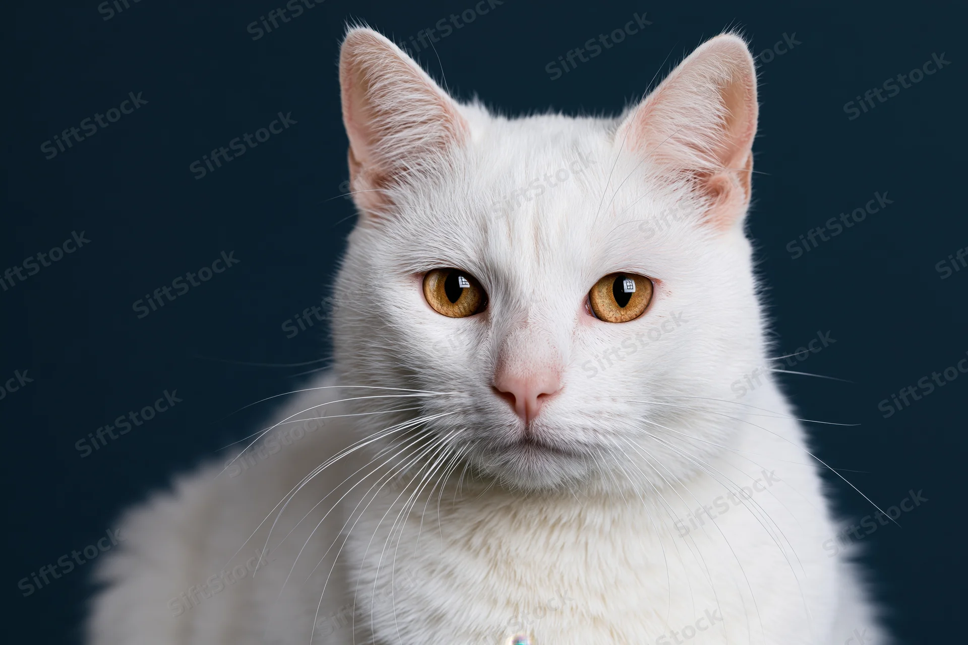 White domestic cat staring directly at camera in close-up portrait against dark blue background