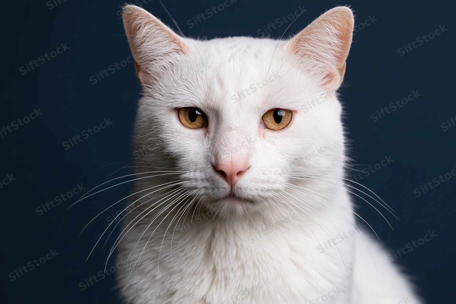 White domestic cat staring directly at camera in close-up portrait against dark blue background