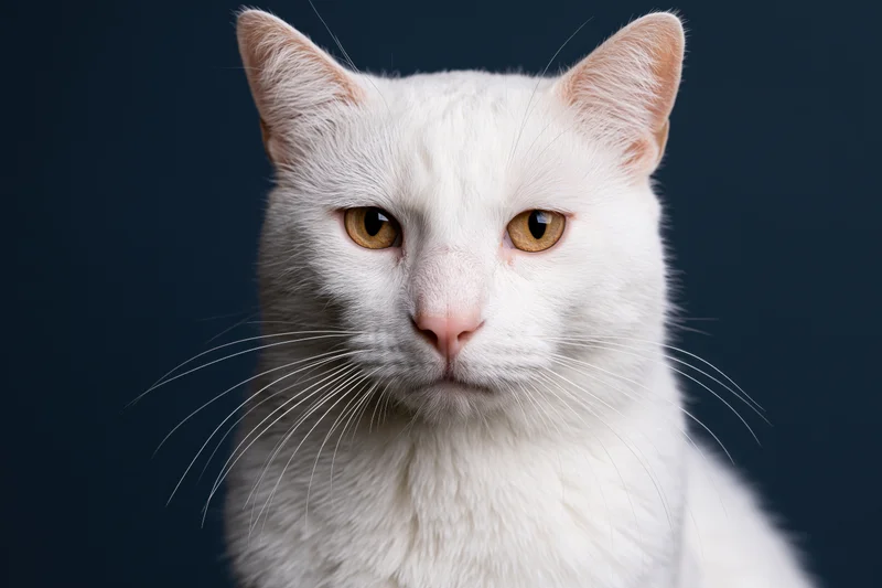 White domestic cat staring directly at camera in close-up portrait against dark blue background